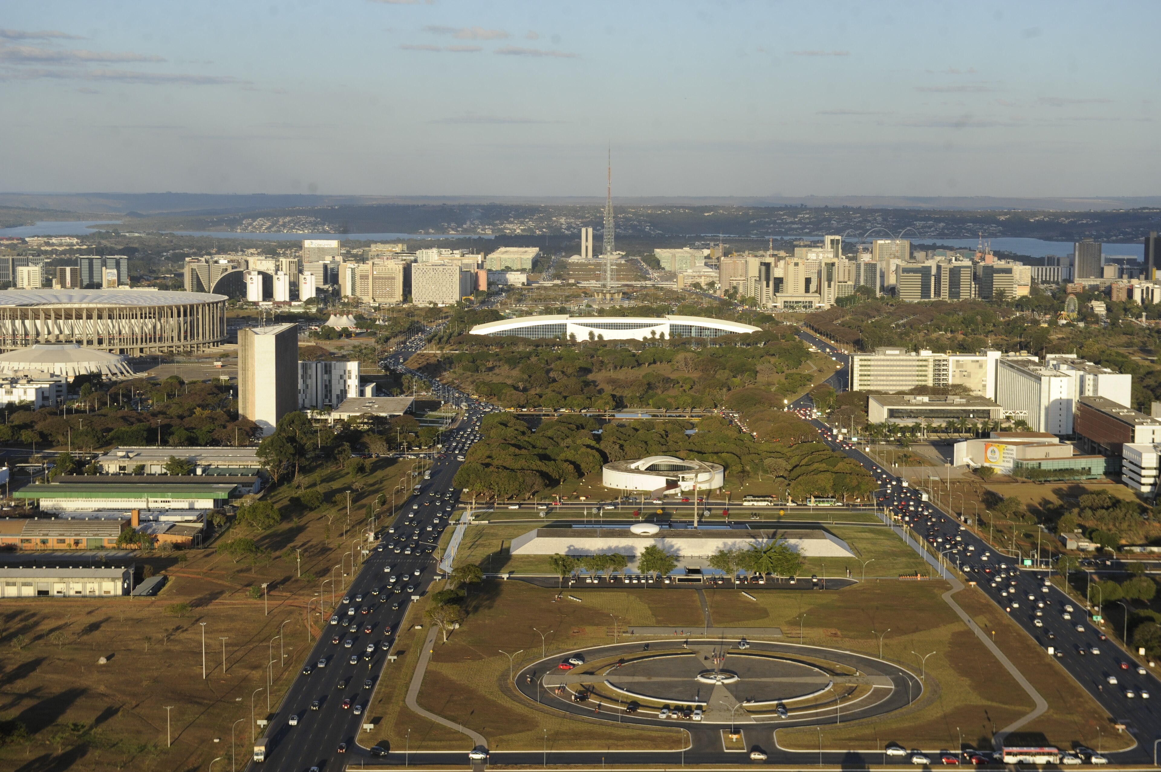 Aerial view of Brasília's Monumental Axis with the Congress and ministries