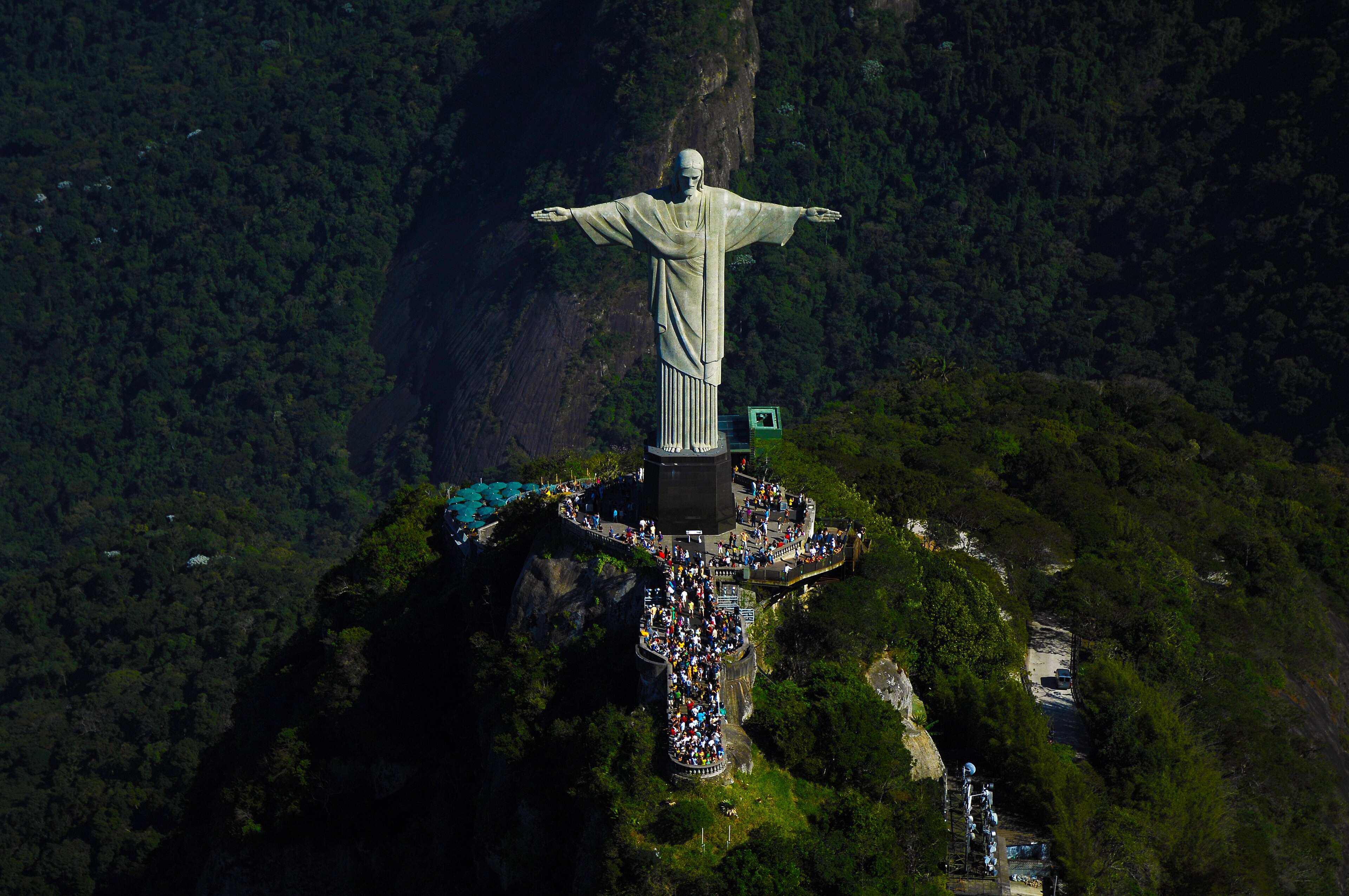 Aerial view of Christ the Redeemer overlooking Rio de Janeiro and Guanabara Bay