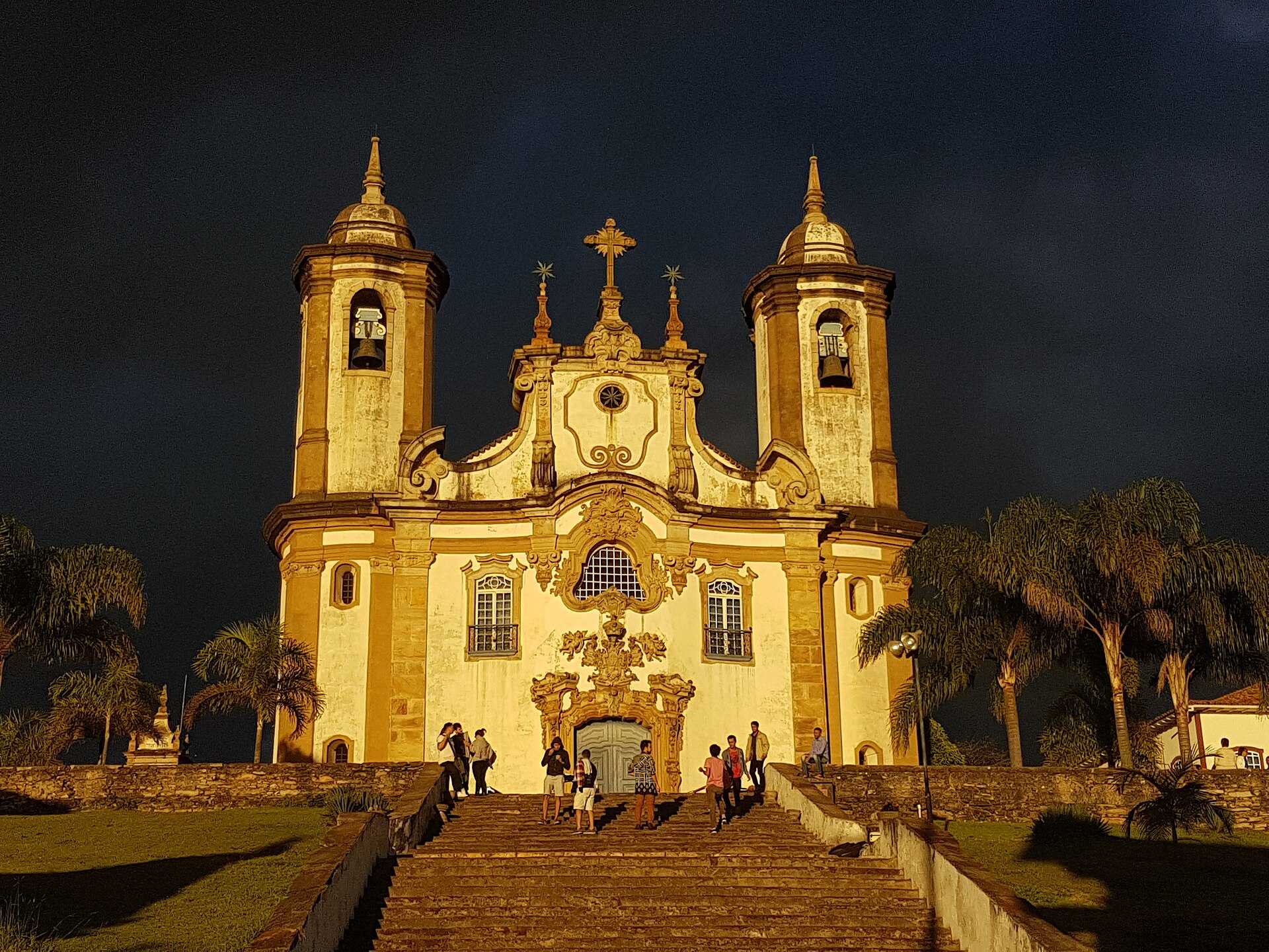 Colonial-era stone buildings and church towers in Ouro Preto, Minas Gerais, Brazil at golden hour